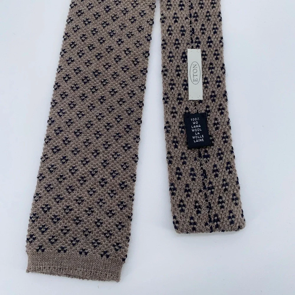 Eton Tie Mens Brown Navy Skinny Knit 100% Wool Textured Pattern Necktie Dress